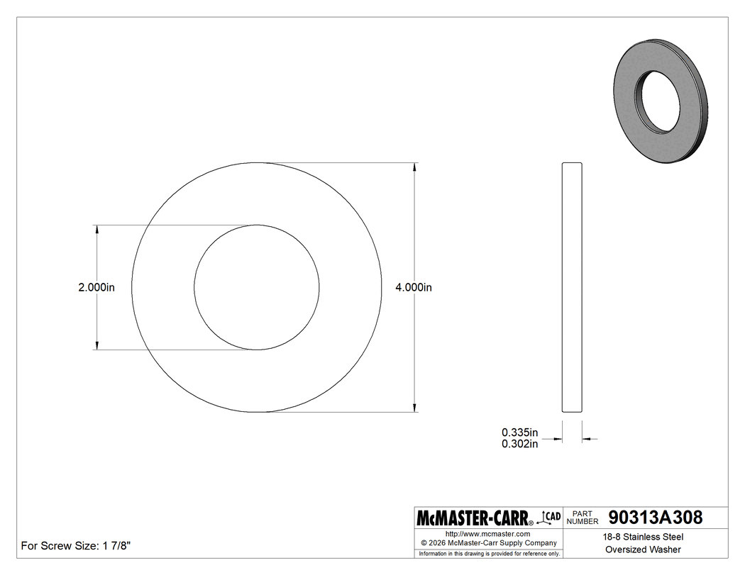 Technical Drawing of 18-8 Stainless Steel Oversized Washer, for 1-7/8" Screw Size, 2.000" ID, 4.000" OD.